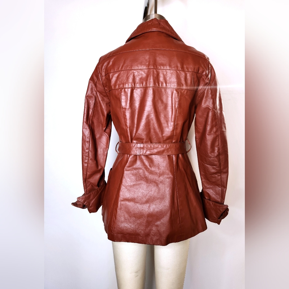 70s Brown Leather Coat Jacket Trench Coat Jacket Belted Quilted Lining XXS XS - Picture 9 of 12
